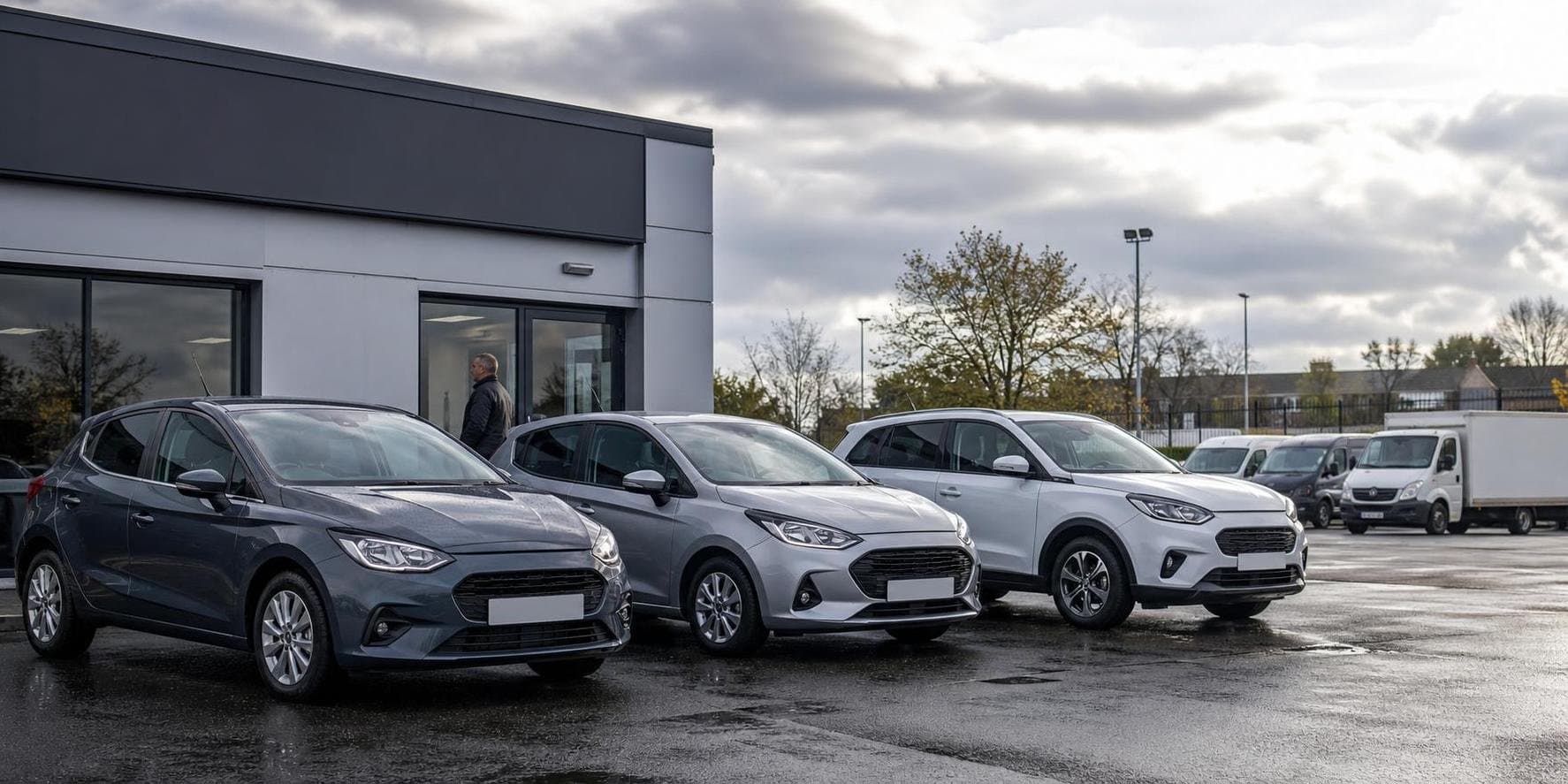 Compact hire cars parked at a modern vehicle hire forecourt in Blackburn