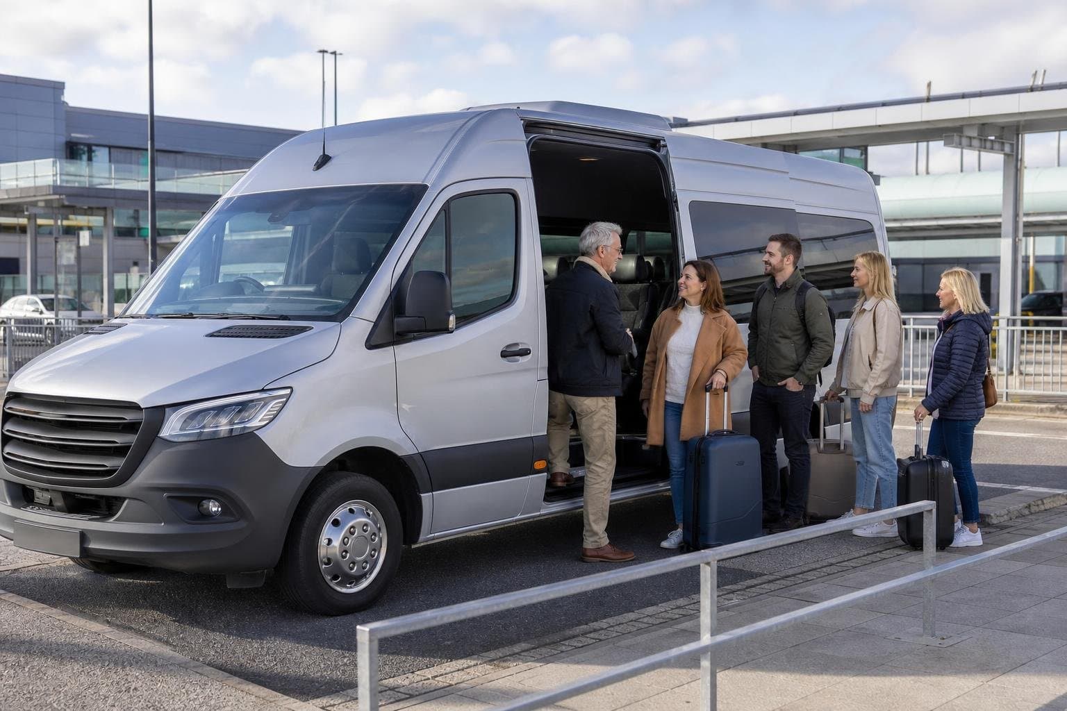 Modern minibus collecting a small group with luggage for a transfer journey