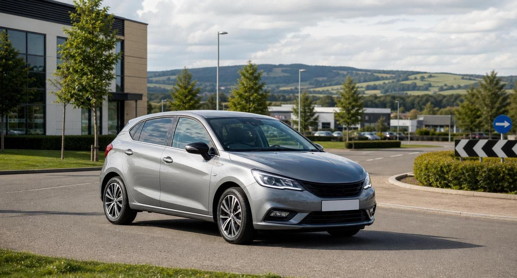 Compact hire car travelling on a business route in Preston