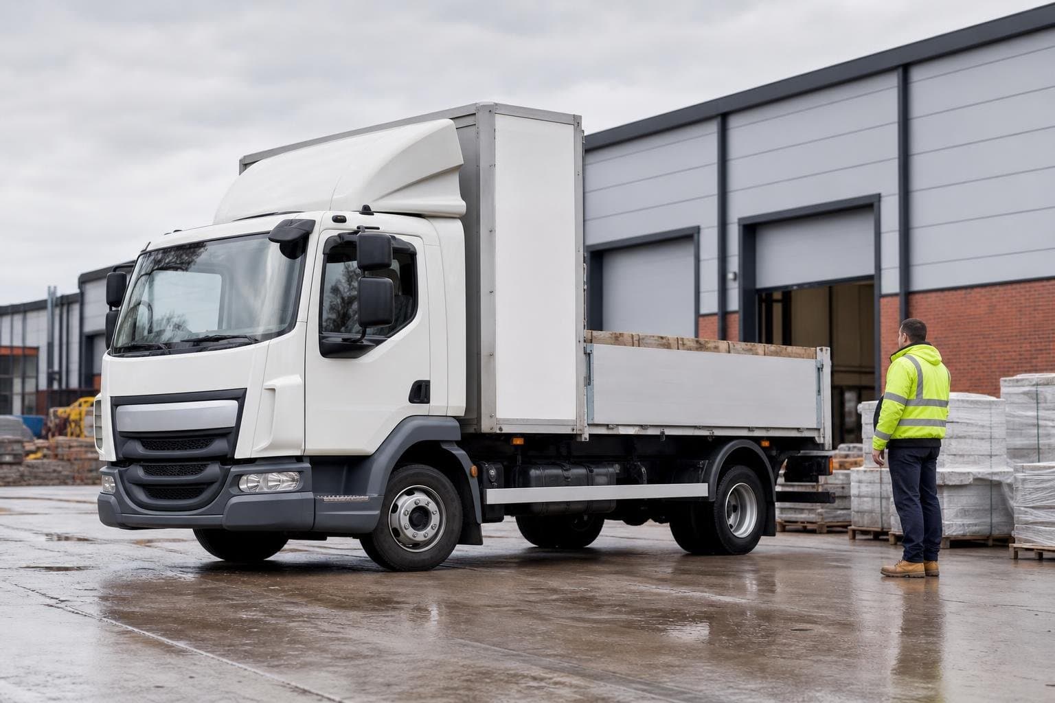 Commercial hire truck ready for deliveries at an industrial site