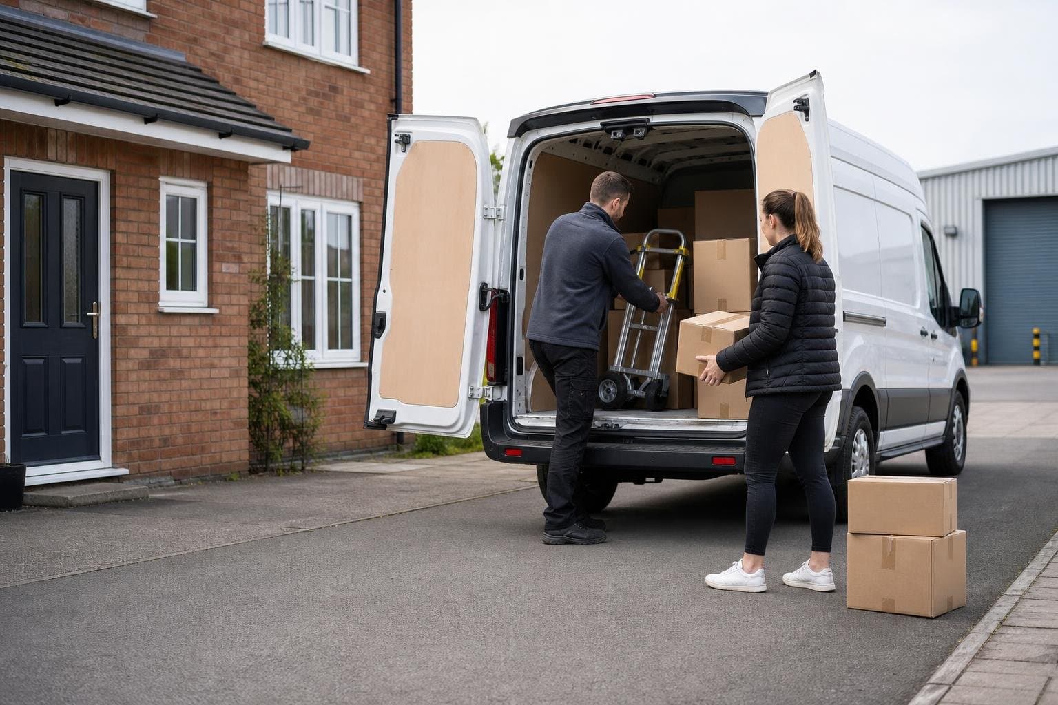 Medium hire van being loaded with boxes for a practical local move